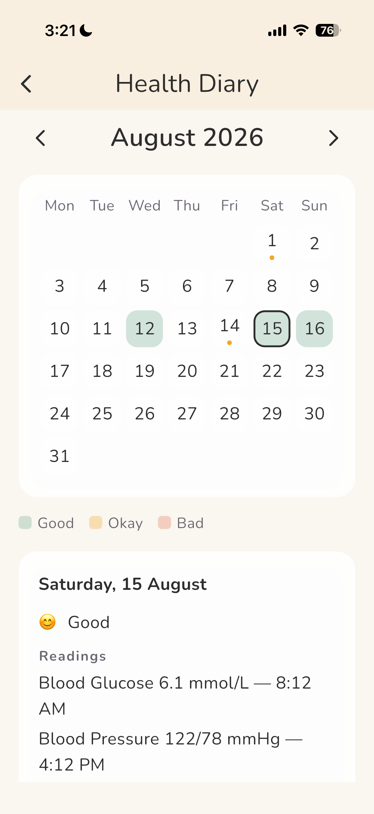 The Nuri health diary on an iPhone, showing a month of check-ins on a calendar.