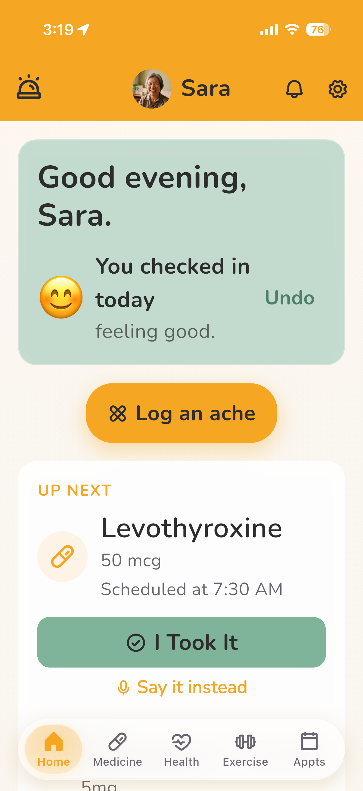 The Nuri home screen on an iPhone: a greeting, a completed daily check-in, a Log an ache button, and the next dose due with a large I Took It button.